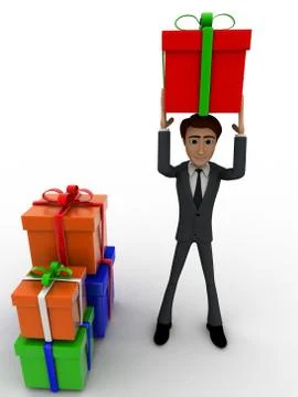 3d man holding gift on head and with many other gifts concept Stock Illustration