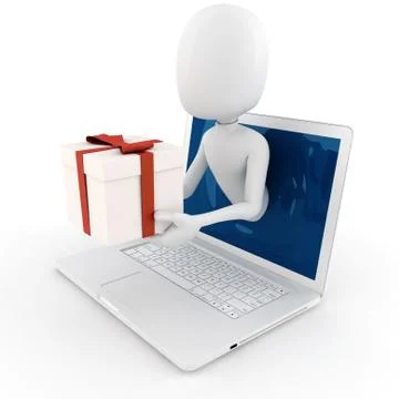 3d man holding a present box popping out from a laptop screen Stock Illustration