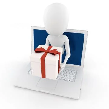 3d man holding a present box popping out from a laptop screen Stock Illustration