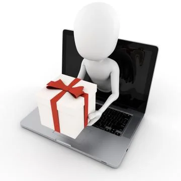 3d man holding a present box popping out from a laptop screen Stock Illustration