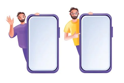 3D man with huge smartphone set, cartoon vector happy male character Stock Illustration