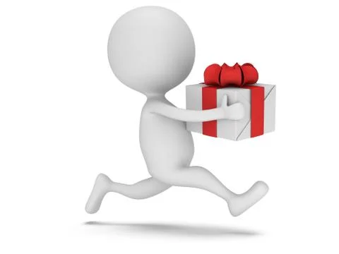 3d man icon running with gift box in his hand 스톡 일러스트