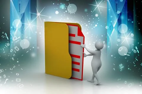 3d man inserting the file in folder Illustrazione stock