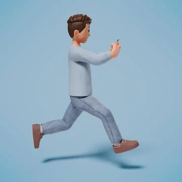 3d man jumping while holding a cellphone and playing with it Stock Photos