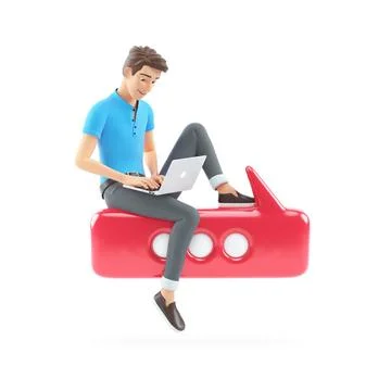 3d man with laptop sitting on bubble talk Stock Illustration