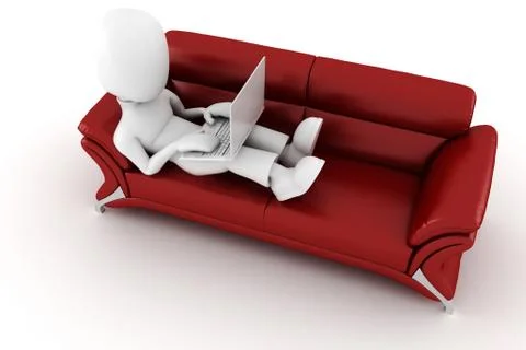 3d man with laptop sitting on a red sofa Stock Illustration