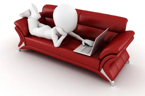 3d man with laptop sitting on a red sofa Stock Illustration