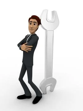 3d man leaning on wrench concept Stock Illustration