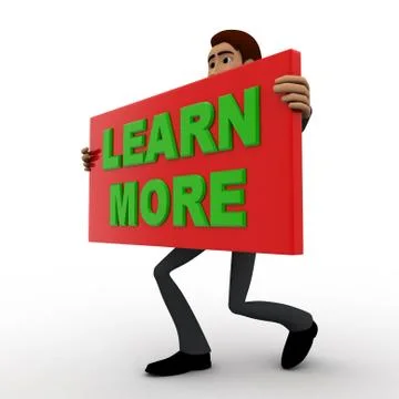 3d man with learn more sign board concept Stock Illustration