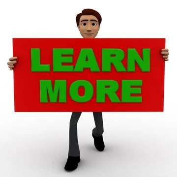 3d man with learn more sign board concept Stock Illustration