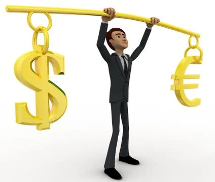 3d man lifting dollar ad euro up in air concept Stock Illustration