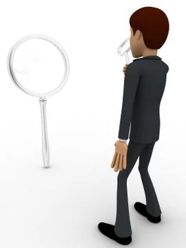3d man looking and examine big magnifying glass using small glass concepta Stock Illustration
