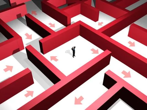 3d man lost in the midle of a red maze Illustrazione stock