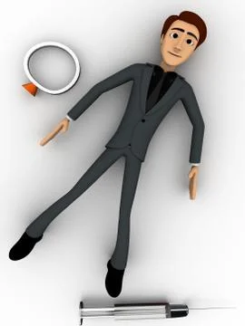 3d man lying on floor with injection and magnifying glass concept Illustrazione stock