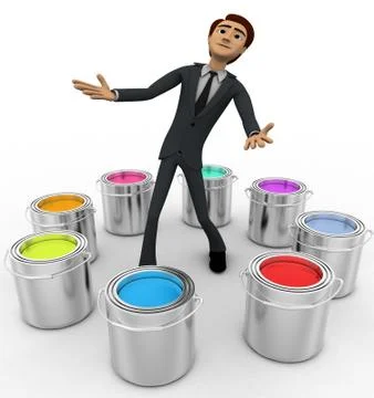 3d man with many eight colour buckets concept Stock Illustration