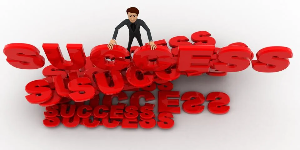 3d man with many success text font concept Stock Illustration
