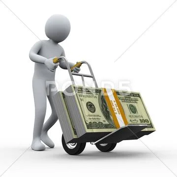 3d man with money hand truck Stock Illustration