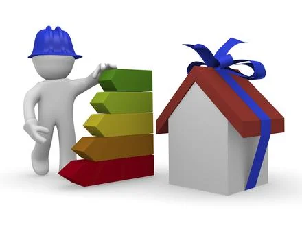 3d man with new home and energy classification Ilustración de archivo