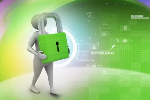 3d man with padlock, security concept Stock Illustration