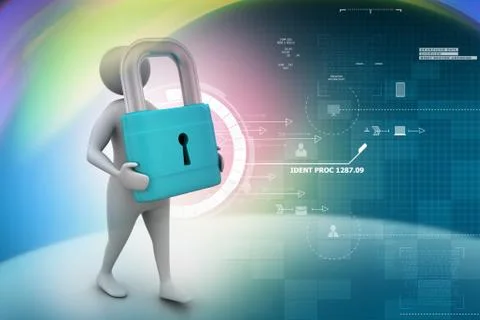 3d man with padlock, security concept Stock-Illustration