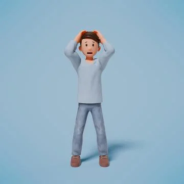 3d man panicked while holding his head with both hands with blue background 스톡 사진