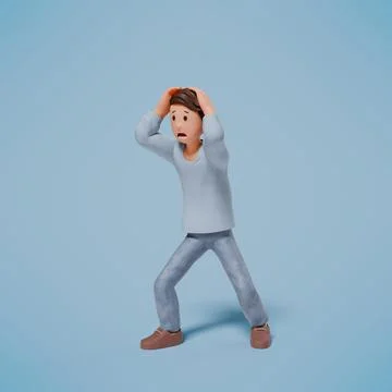 3d man panicked while holding his head with both hands with blue background 스톡 사진