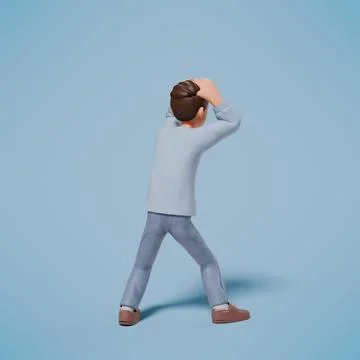 3d man panicked while holding his head with both hands with blue background 스톡 사진