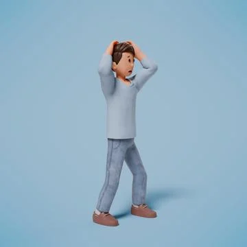 3d man panicked while holding his head with both hands with blue background Foto stock