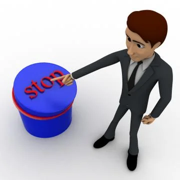 3d man pointing at stop button concept Illustrazione stock