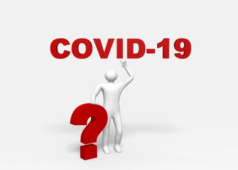 3d-man points to the text Covid-19 and relies on a question mark. Stock Illustration