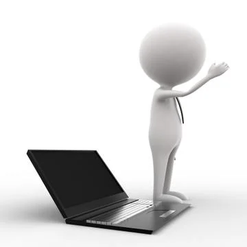 3d man presenting / explaining with the help of laptop concept Illustrazione stock