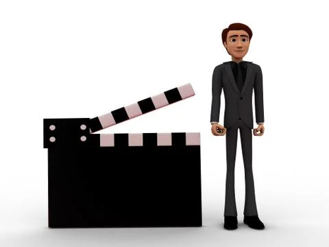 3d man presenting film clap concept Stock Illustration