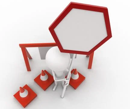 3d man presenting stop barrier / under construction concept Stock Illustration