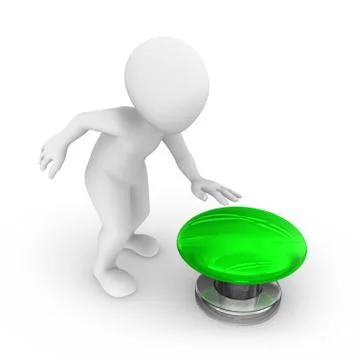 3d man presses the big blank green button. Stock Illustration