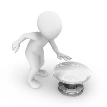 3d man presses the big blank white button. Stock Illustration