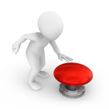 3d man presses the big blank red button. Stock Illustration