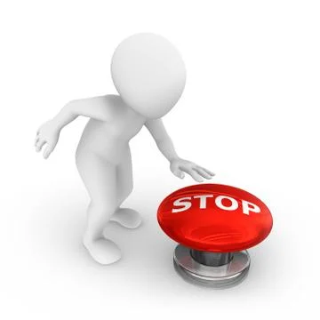 3d man presses the  big red srop button. Stock Illustration