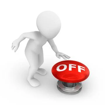 3d man presses the  big red off button. Stock Illustration