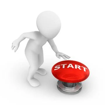 3d man presses the big red start button. Stock Illustration