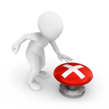3d man presses the big red button. with error symbol. Stock Illustration