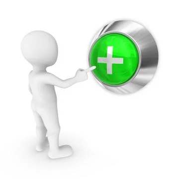 3d man presses the button with plus symbol. Stock Illustration
