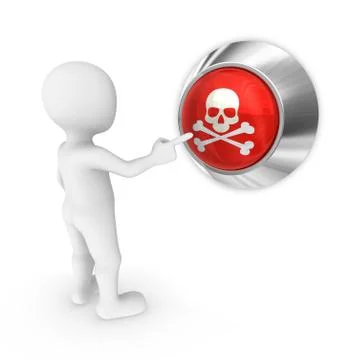 3d man presses the death button with scull. Risk concept. Stock Illustration