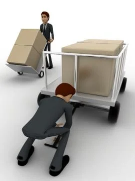 3d man pulling trolly loaded with boxes concept Illustrazione stock