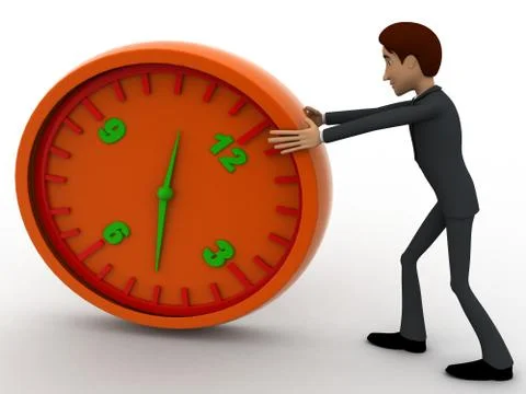 3d man pushing and rolling big clock concept Stock Illustration