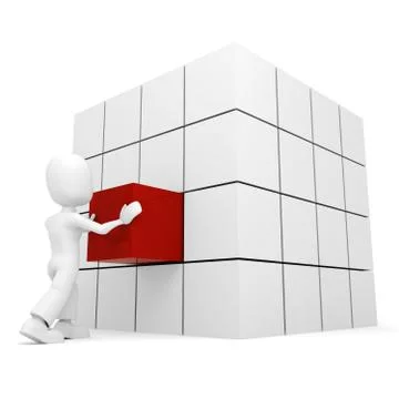 3d man pushing a cube into its place Illustrazione stock