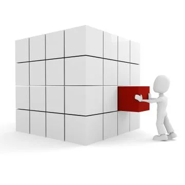 3d man pushing a cube into its place Illustrazione stock