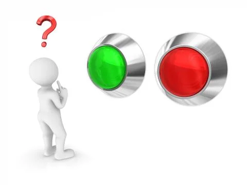 3d man with question mark and two buttons. Choice concept. Stock Illustration