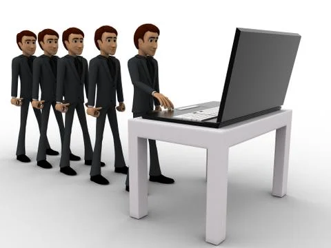 3d man in queue and working on laptop concept Stock Illustration