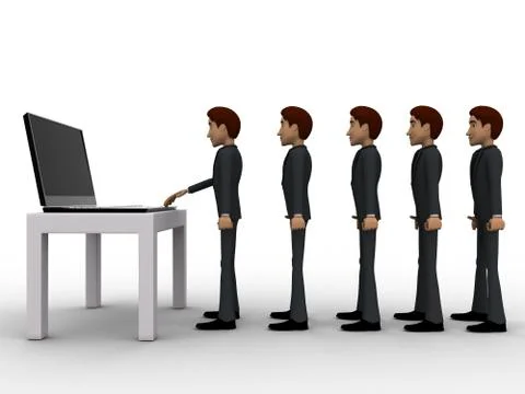 3d man in queue and working on laptop concept Stock Illustration