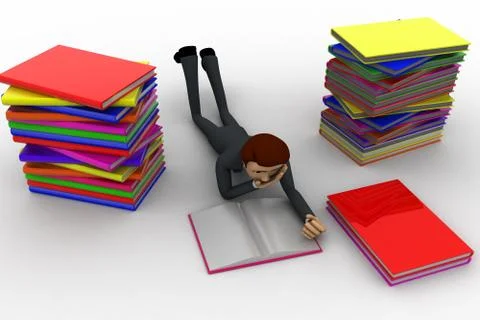 3d man reading book and doing preparation for exams concept Stock Illustration